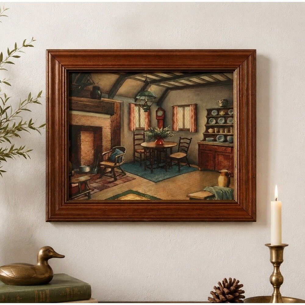 VTG 1950s Colonial Home Lithograph Framed Print Early American Cottage Wall Art